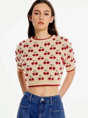 Cider Cherry Knit Cropped Short Sleeve Sweater Top S Cottagecore Coquette